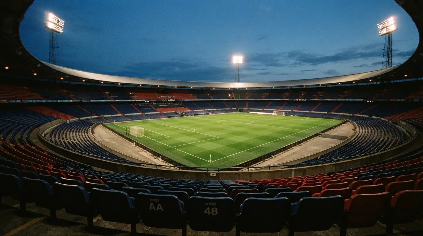 An empty football stadium with floodlight masts at dusk