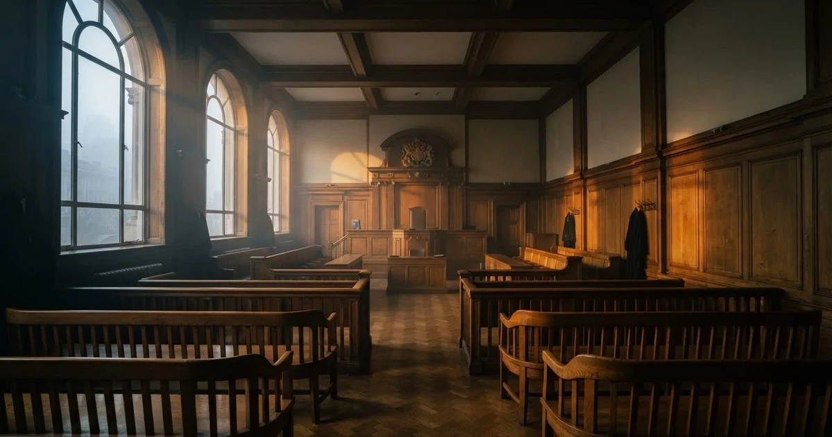 An empty courtroom with wooden benches in morning light