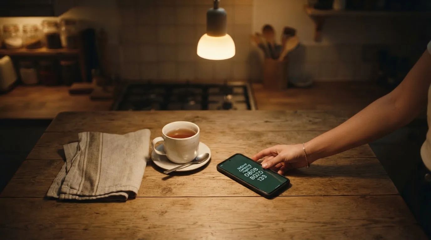 A hand setting a smartphone down beside a cup of tea on a kitchen table on a quiet evening