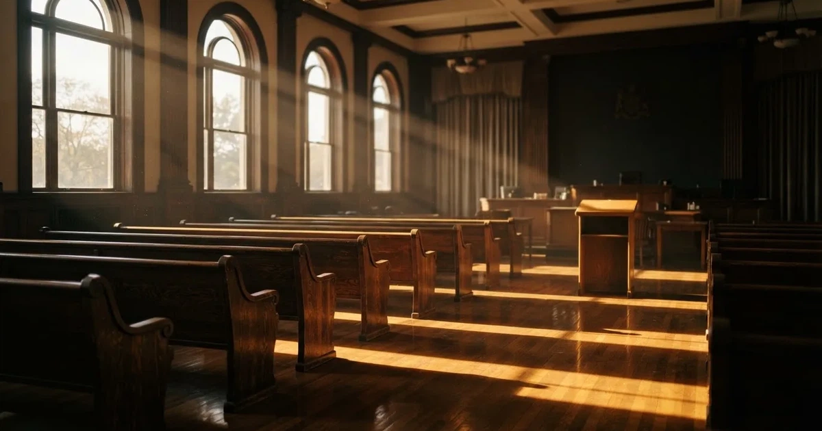 An empty courtroom with wooden benches in morning light