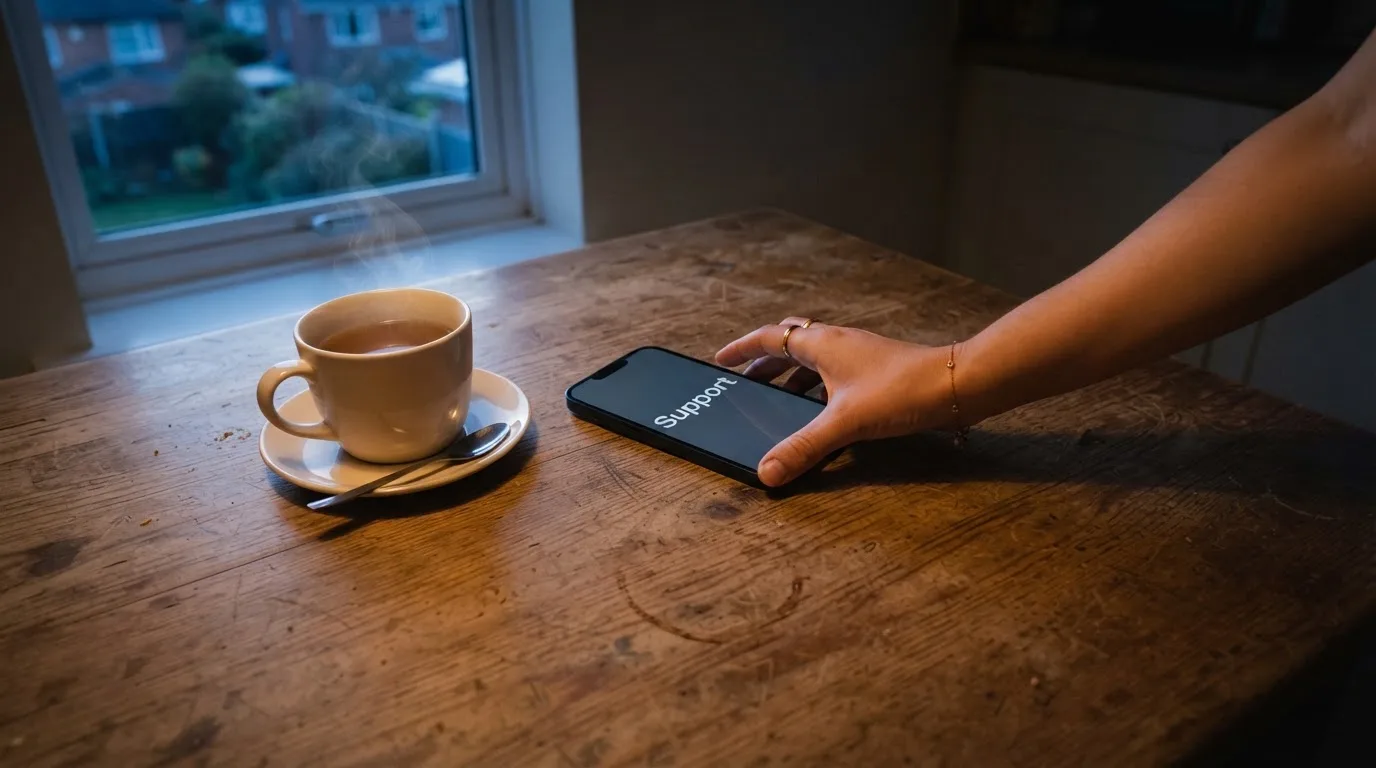 A hand setting a smartphone down beside a cup of tea on a kitchen table on a quiet evening