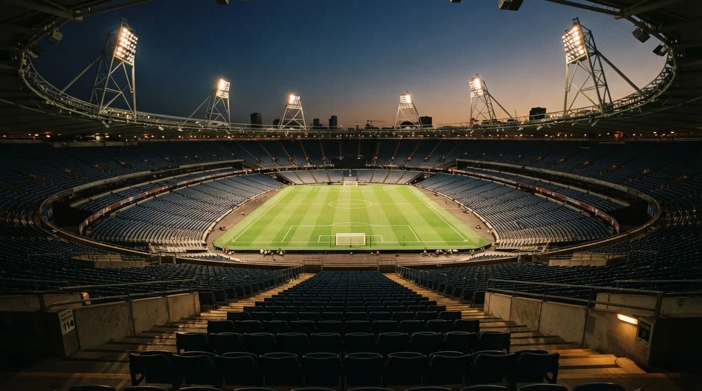 An empty football stadium with floodlight masts at dusk