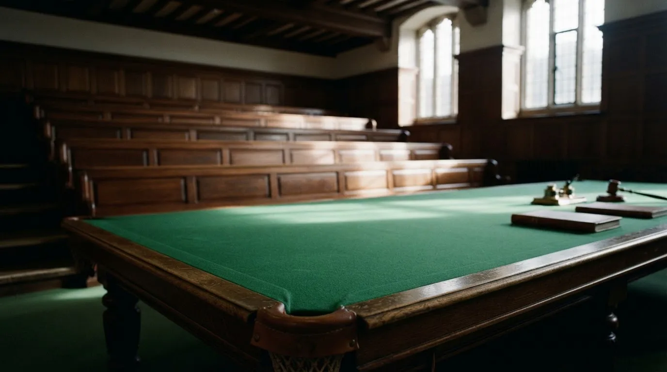 An empty courtroom with wooden benches in morning light