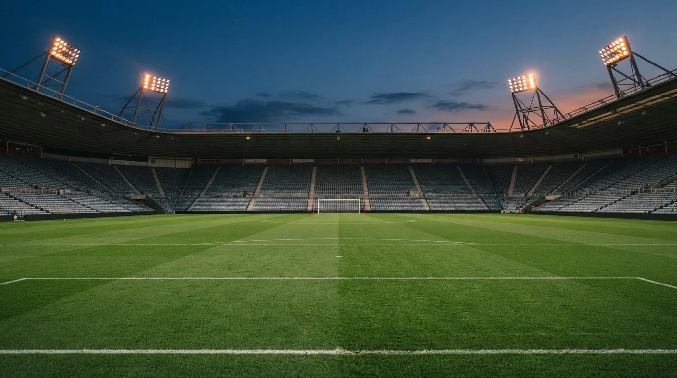 An empty football stadium with floodlight masts at dusk
