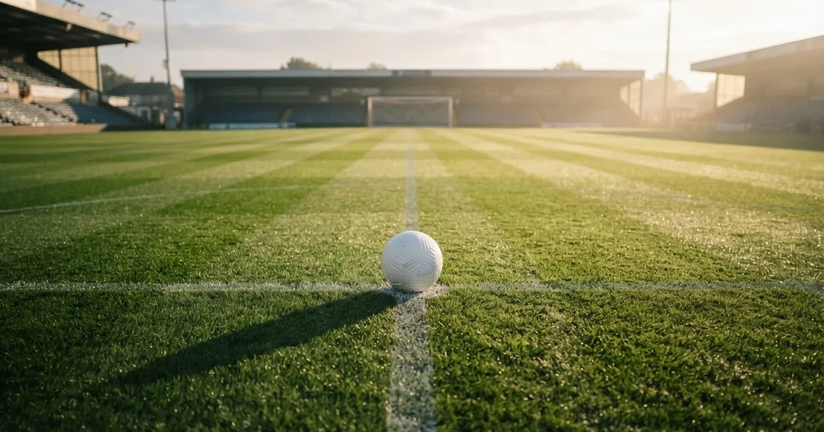 A ball on the centre spot of a grass pitch in morning light