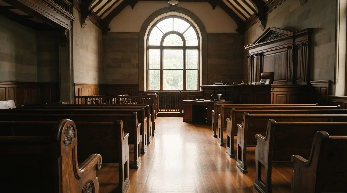 An empty courtroom with wooden benches in morning light
