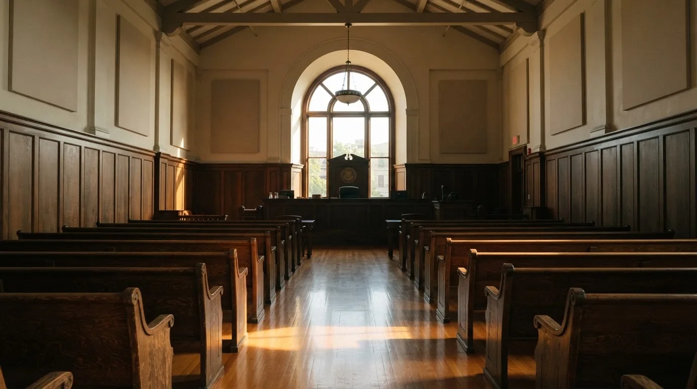 An empty courtroom with wooden benches in morning light