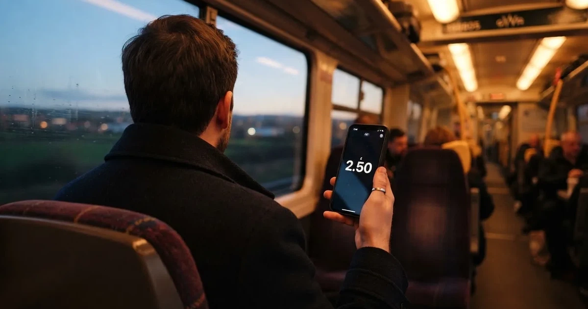 A hand holding a smartphone on a train in the evening, screen turned away