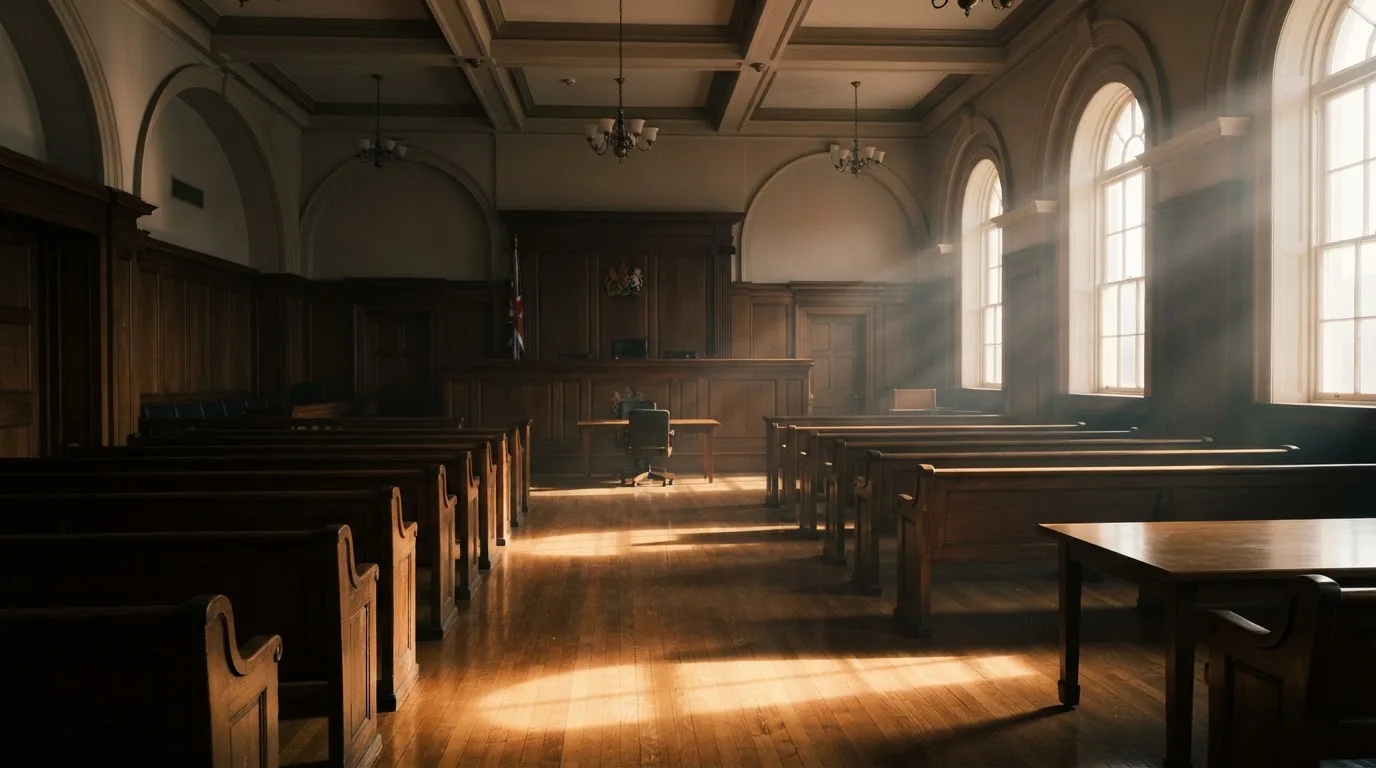 An empty courtroom with wooden benches in morning light
