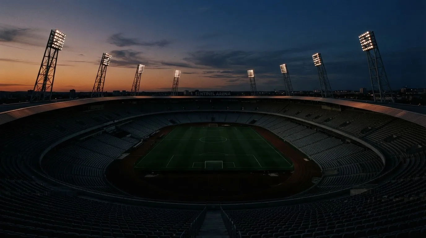 An empty football stadium with floodlight masts at dusk