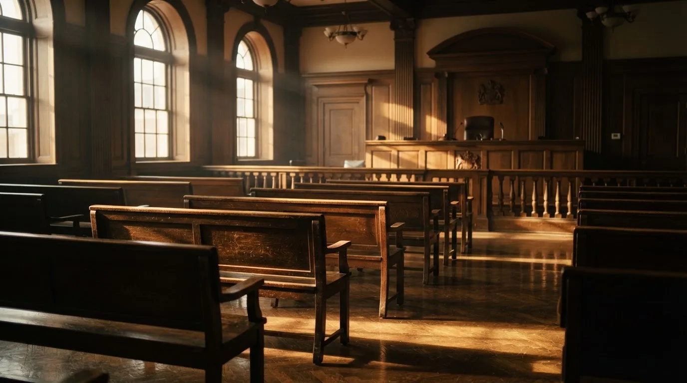 An empty courtroom with wooden benches in morning light
