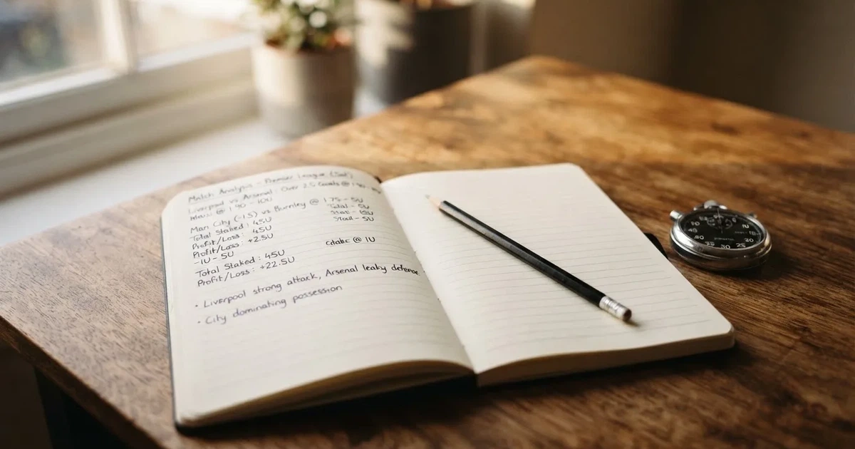 An open notebook with a pencil and a stopwatch on a wooden table