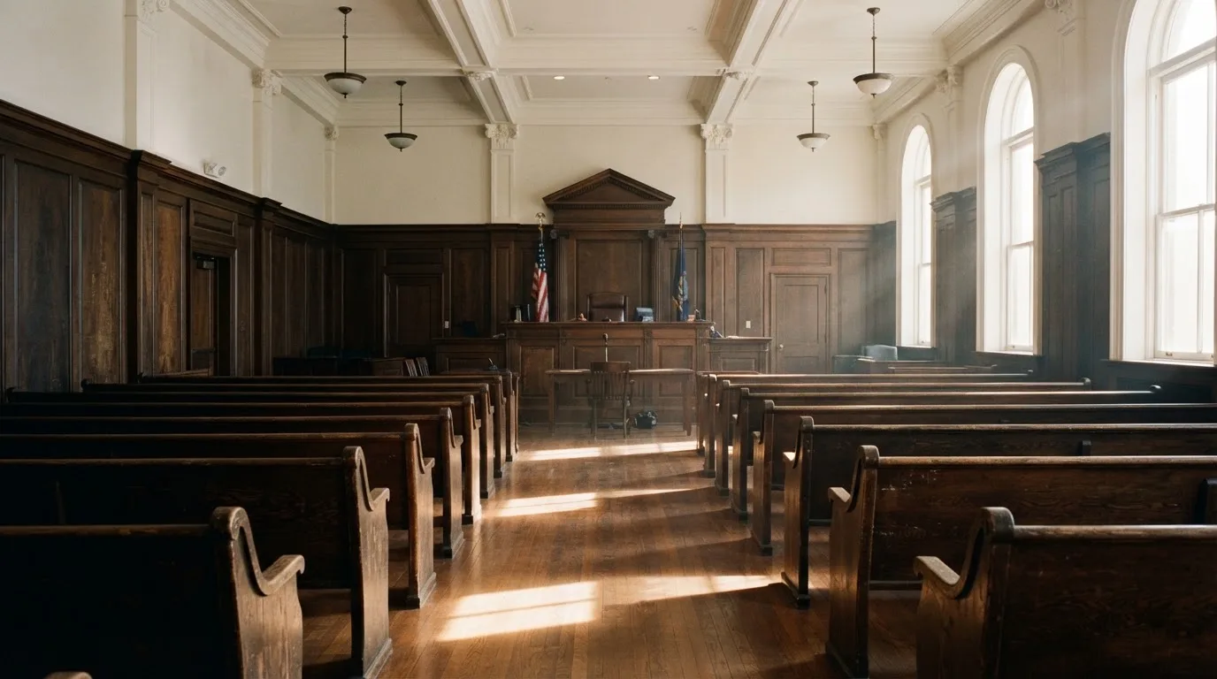 An empty courtroom with wooden benches in morning light