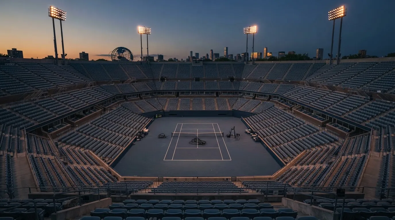 An empty football stadium with floodlight masts at dusk