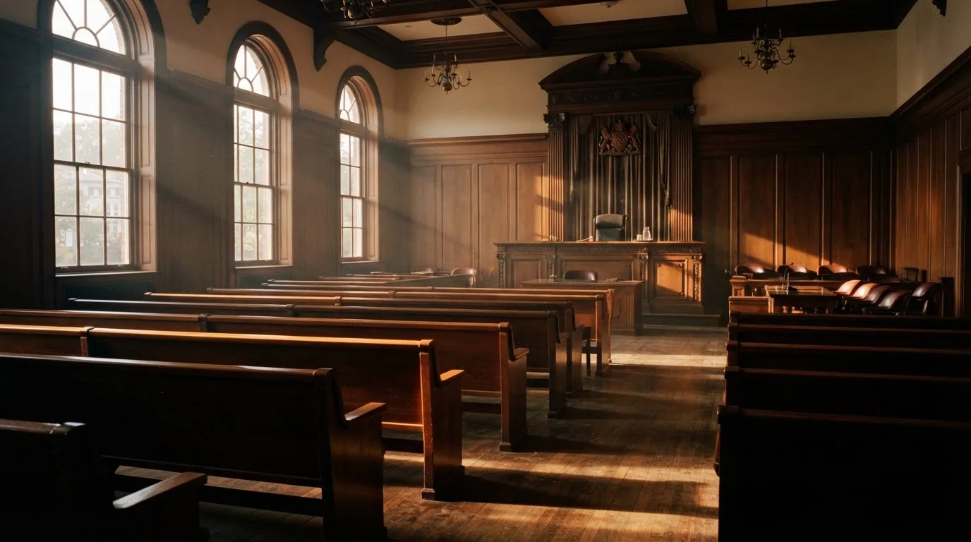 An empty courtroom with wooden benches in morning light