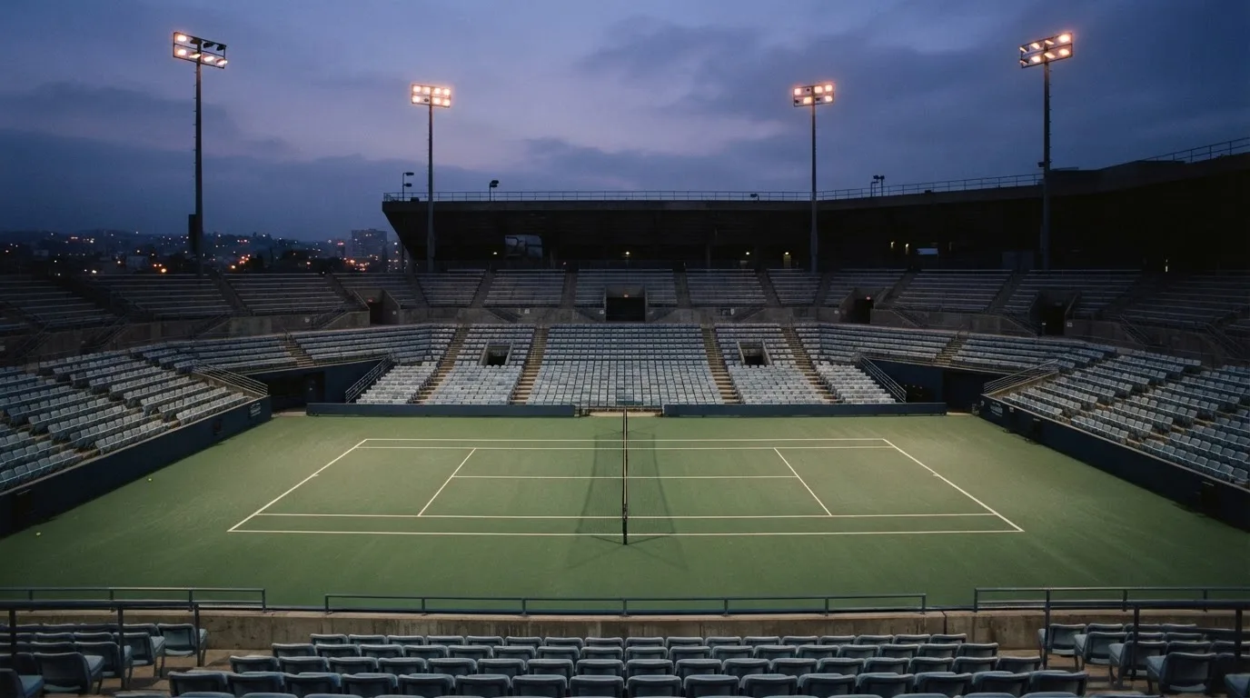 An empty football stadium with floodlight masts at dusk