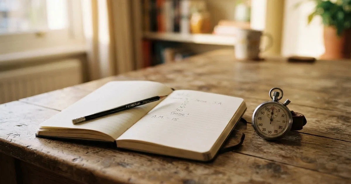 An open notebook with a pencil and a stopwatch on a wooden table