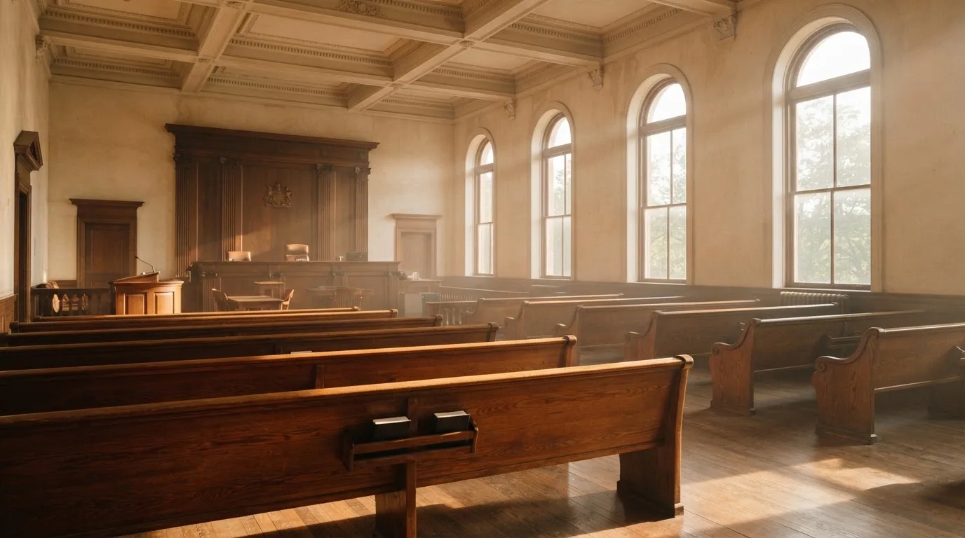 An empty courtroom with wooden benches in morning light