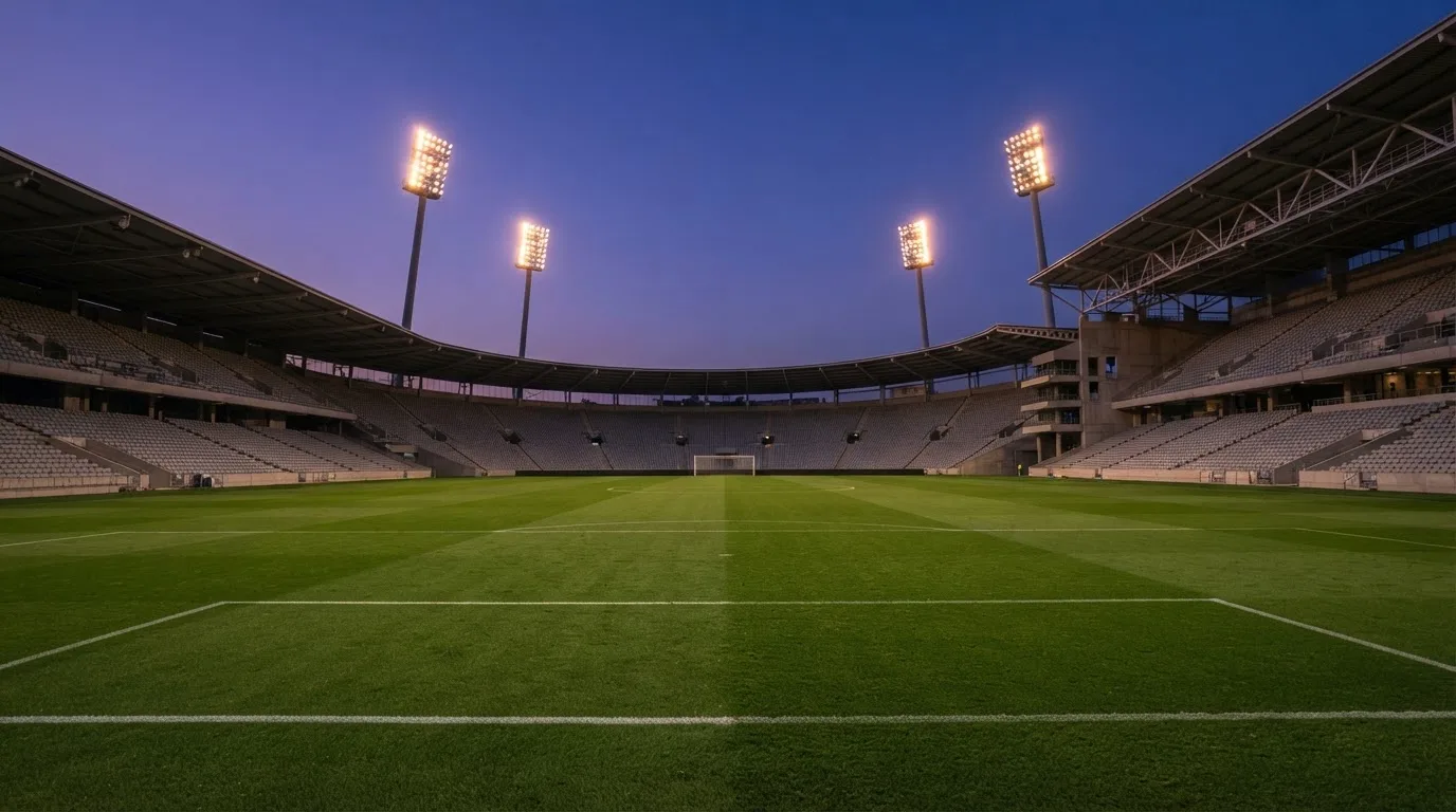An empty football stadium with floodlight masts at dusk