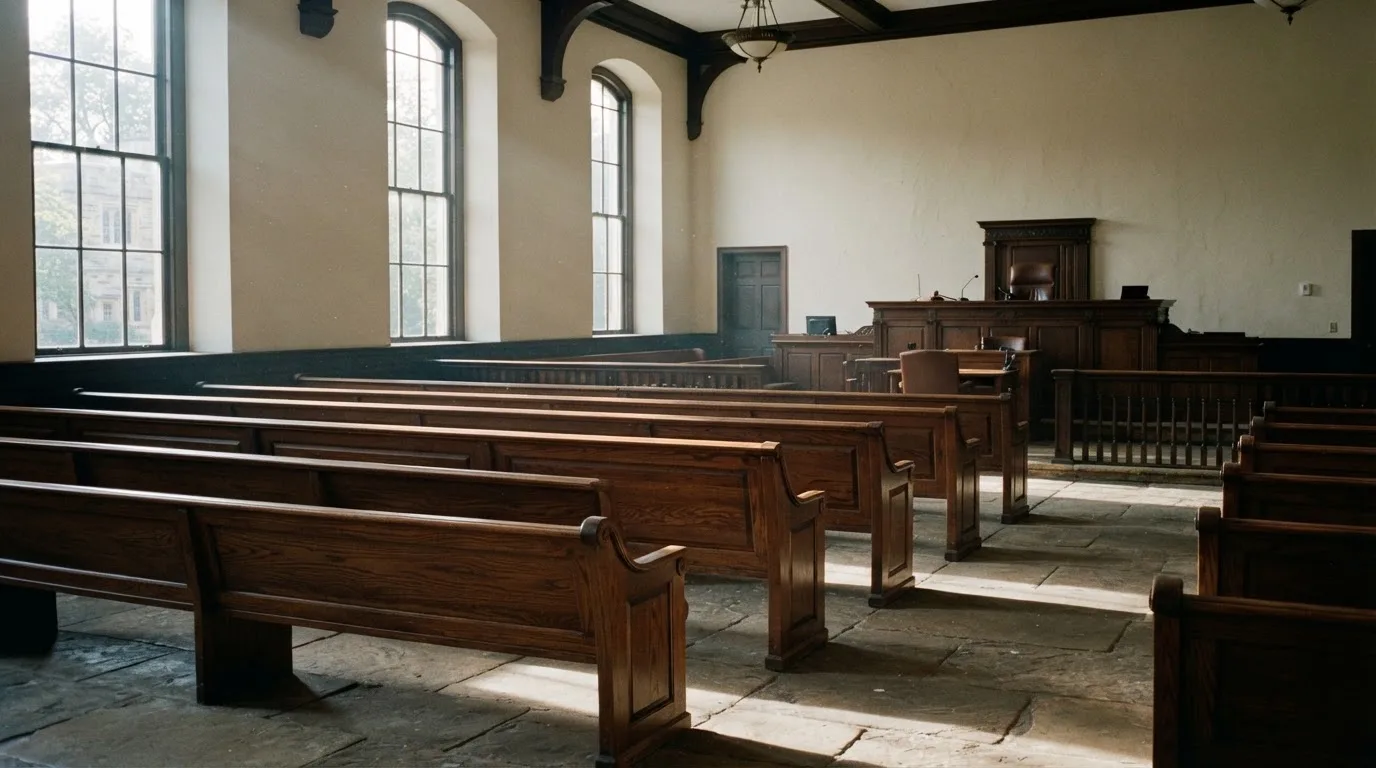 An empty courtroom with wooden benches in morning light