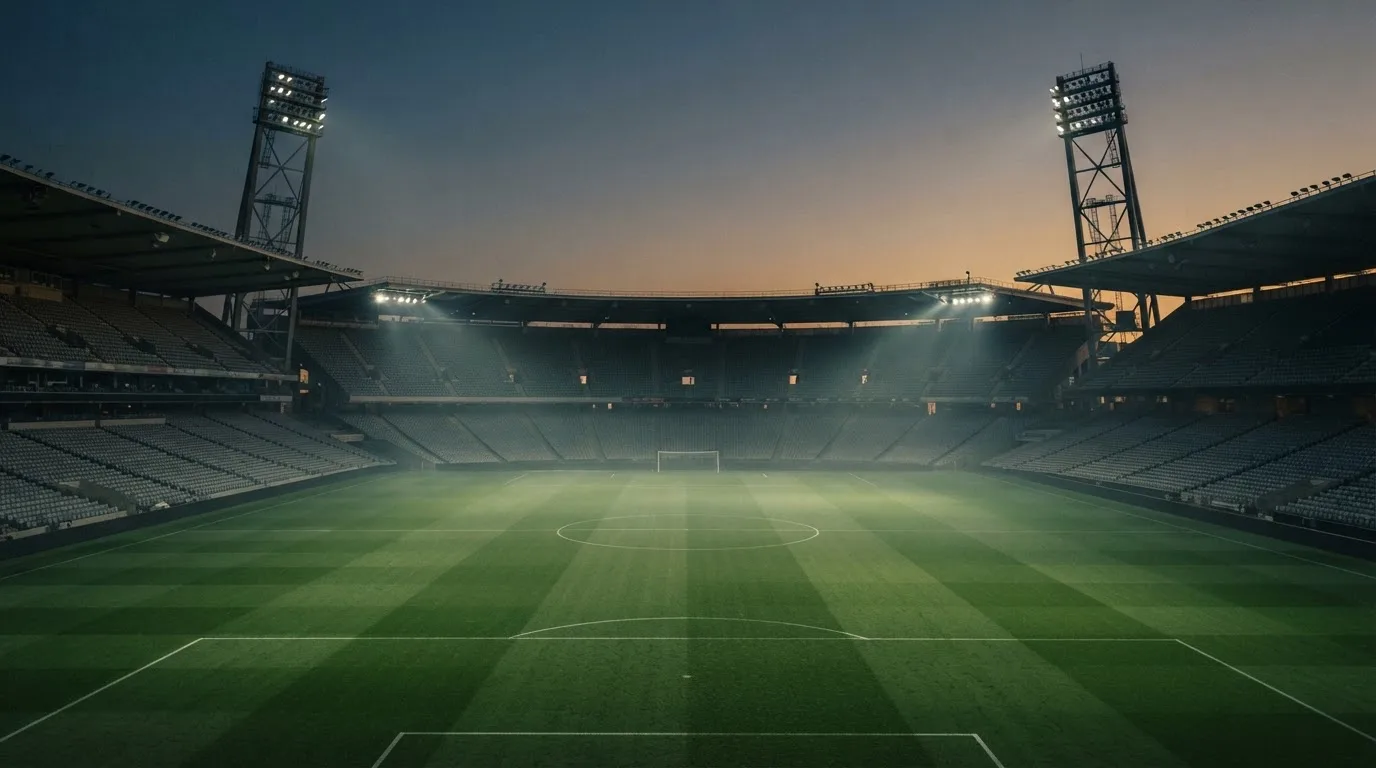 An empty football stadium with floodlight masts at dusk
