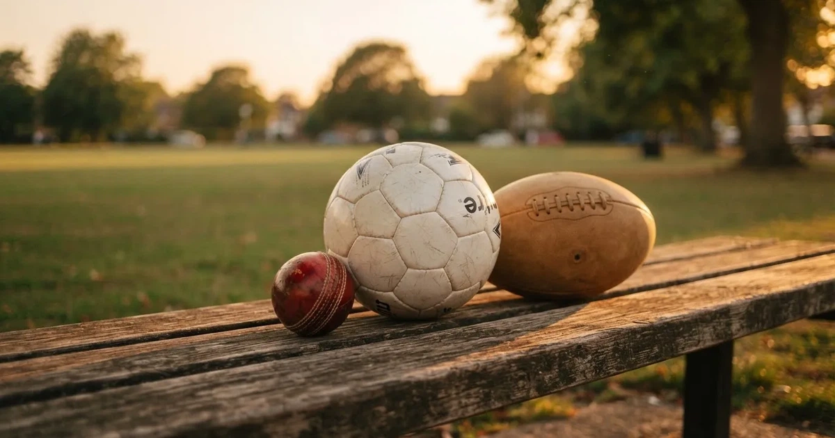 Three balls of different kinds side by side on a wooden bench