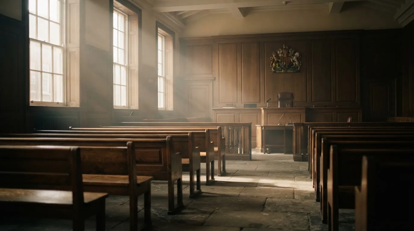 An empty courtroom with wooden benches in morning light