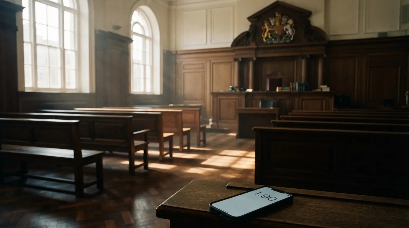 An empty courtroom with wooden benches in morning light