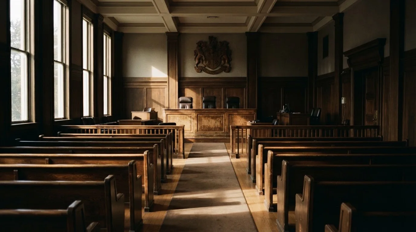 An empty courtroom with wooden benches in morning light