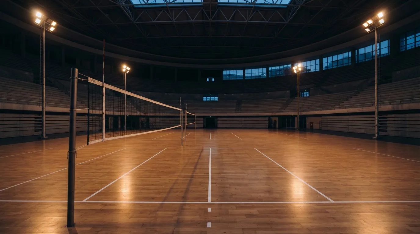 An empty football stadium with floodlight masts at dusk