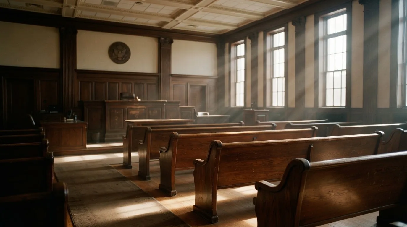 An empty courtroom with wooden benches in morning light