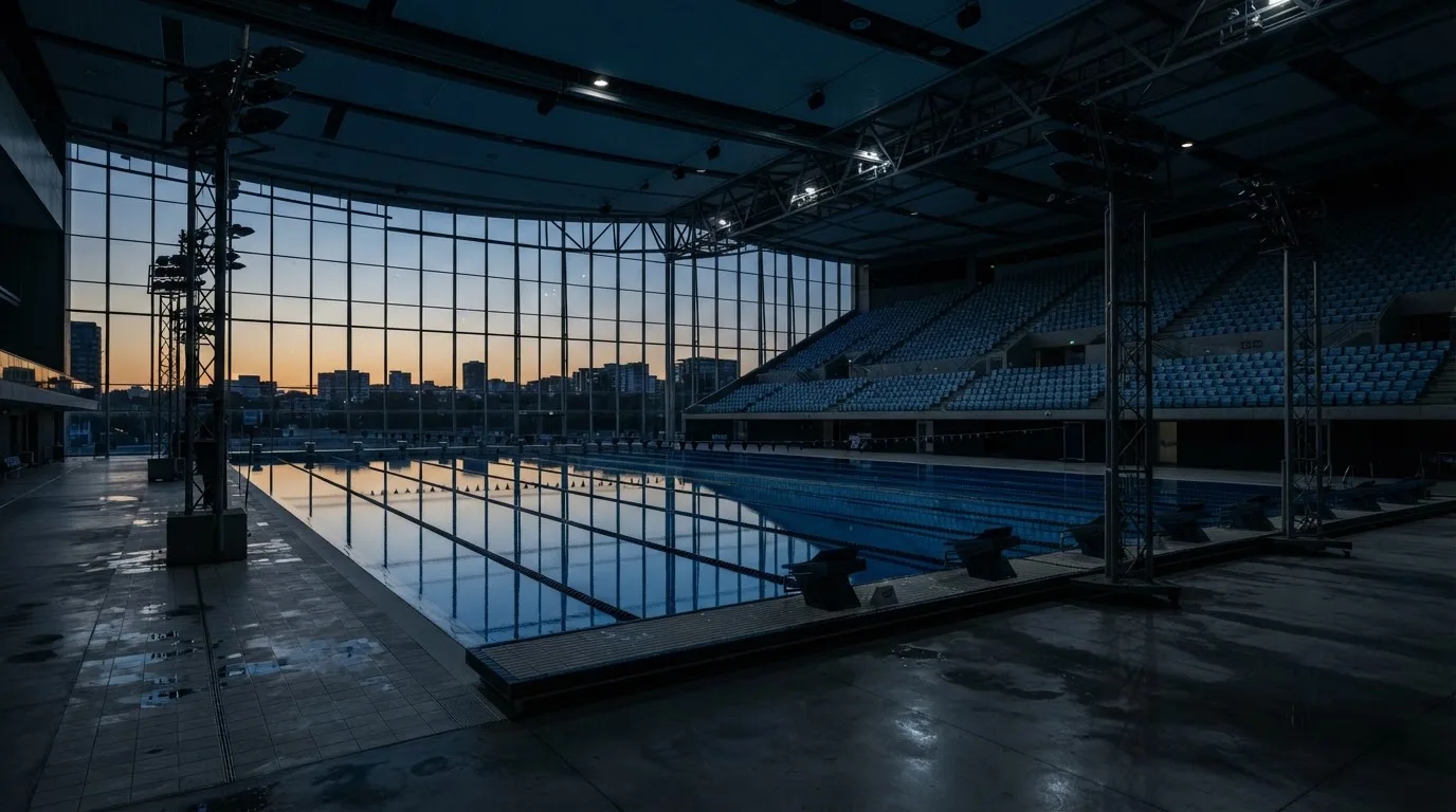 An empty football stadium with floodlight masts at dusk