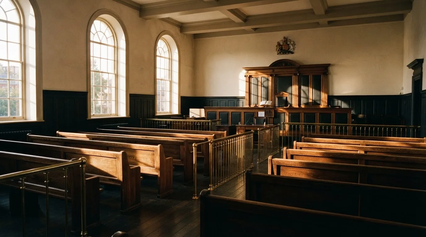 An empty courtroom with wooden benches in morning light