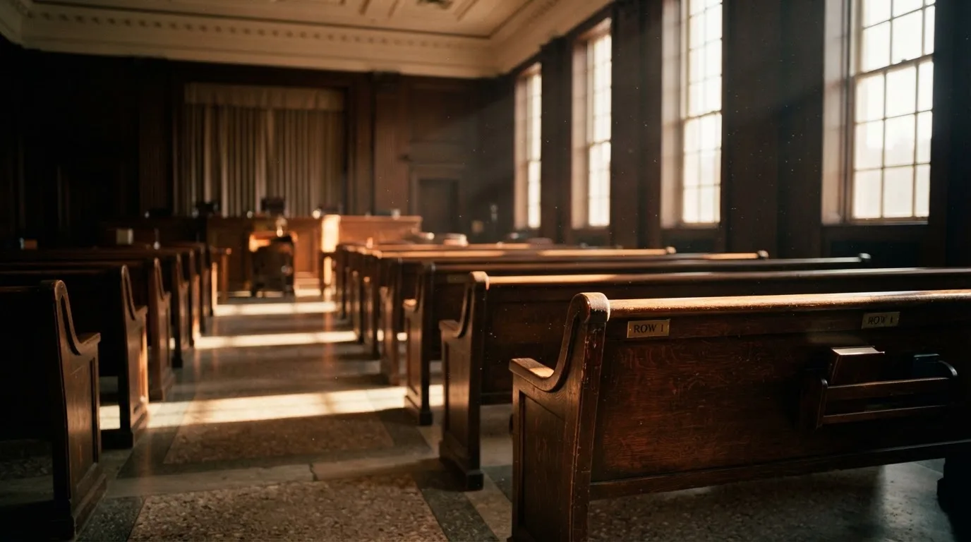 An empty courtroom with wooden benches in morning light