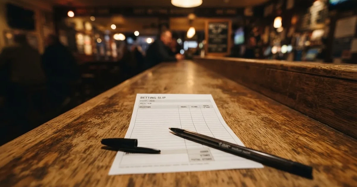 A blank paper betting slip beside a pen on a wooden counter