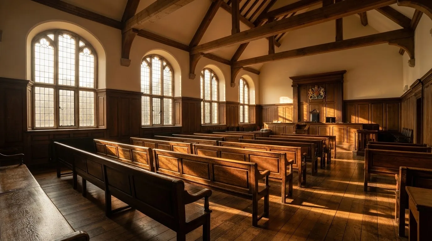 An empty courtroom with wooden benches in morning light
