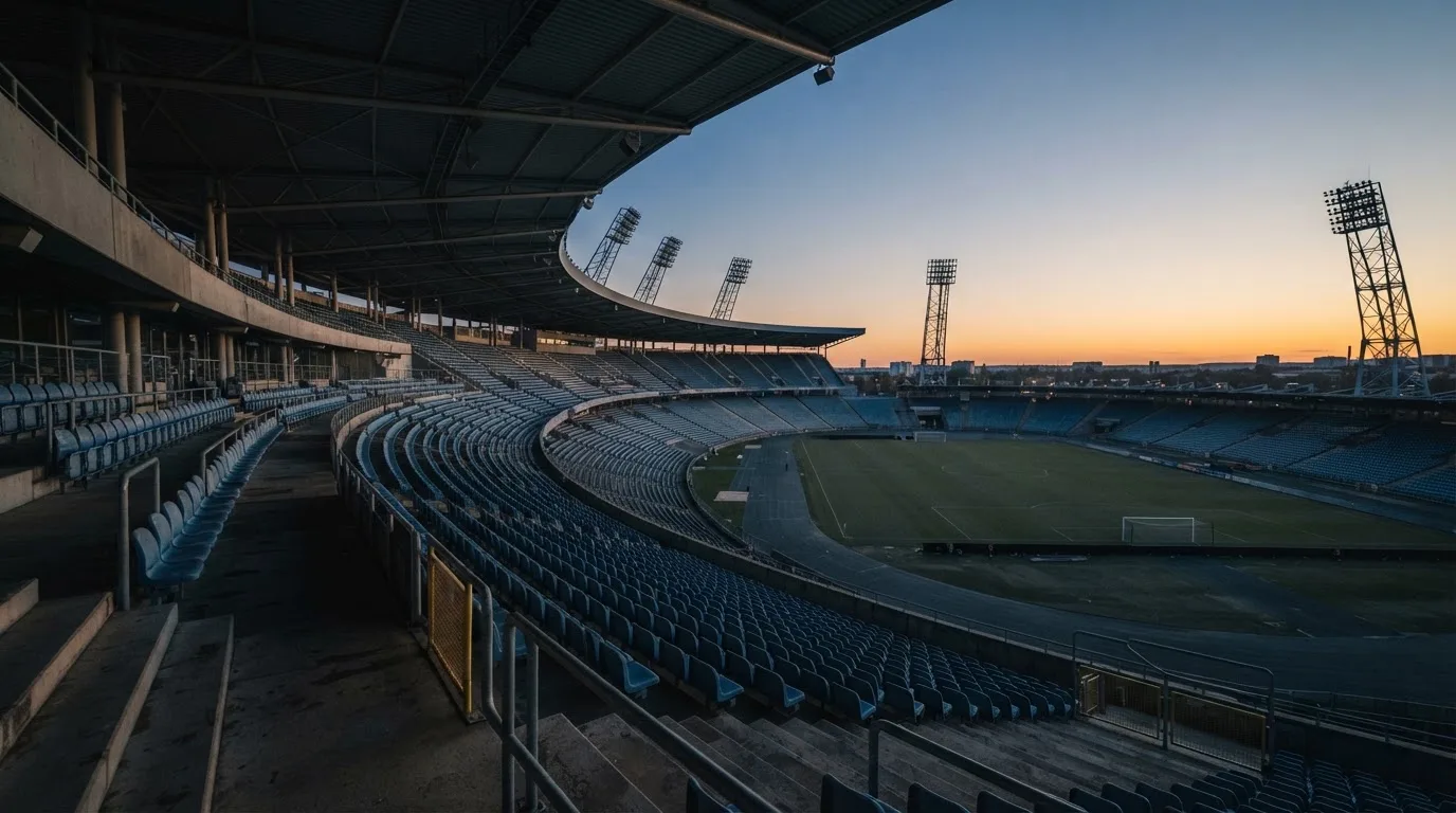 An empty football stadium with floodlight masts at dusk
