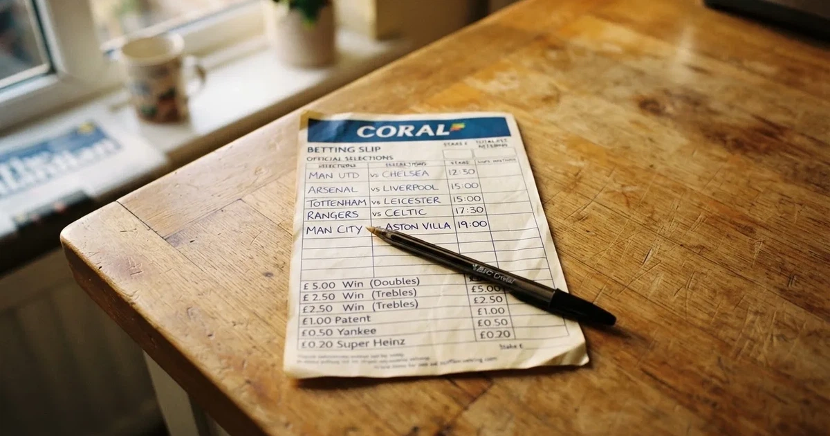 A blank paper betting slip beside a pen on a wooden counter