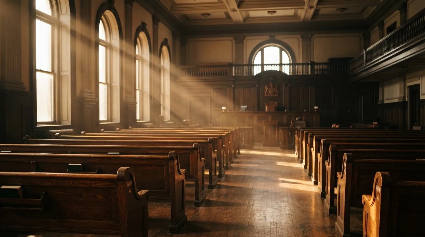 An empty courtroom with wooden benches in morning light