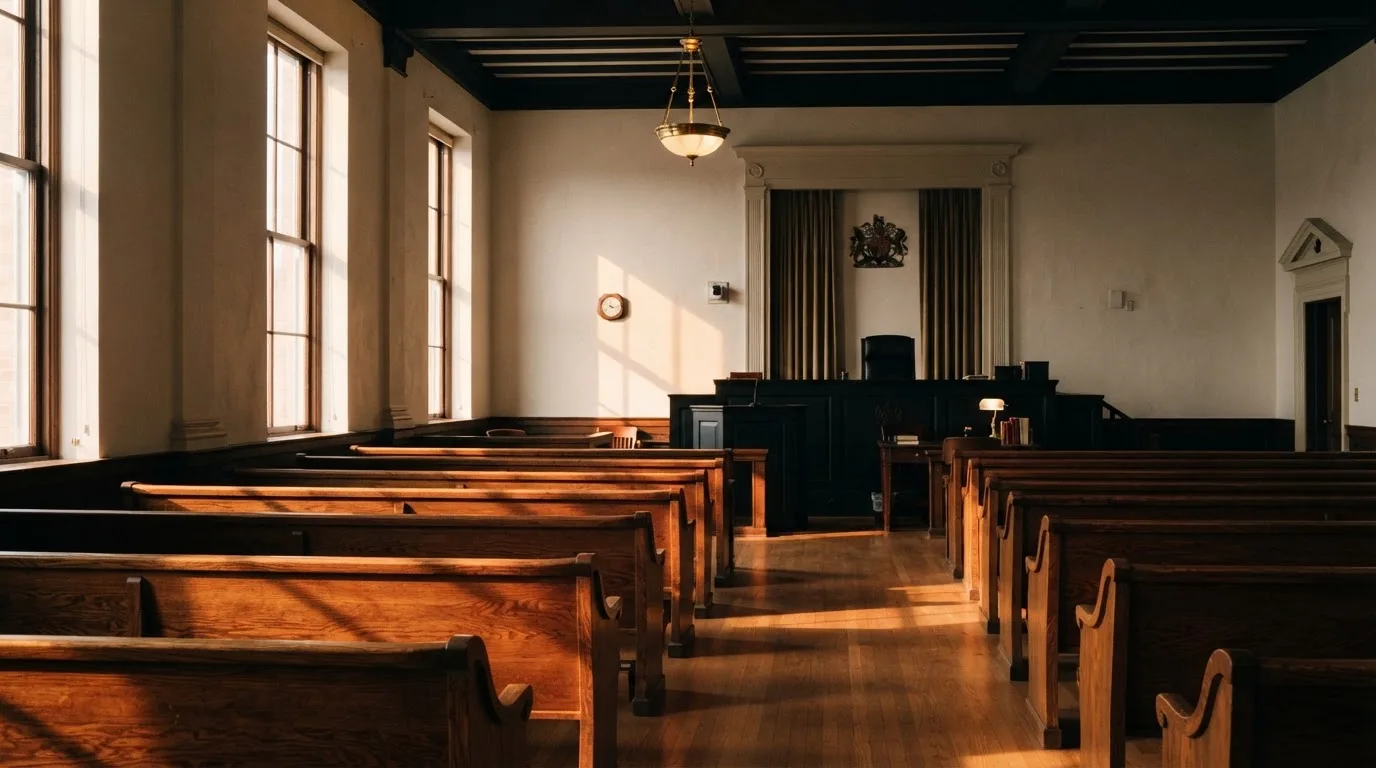 An empty courtroom with wooden benches in morning light