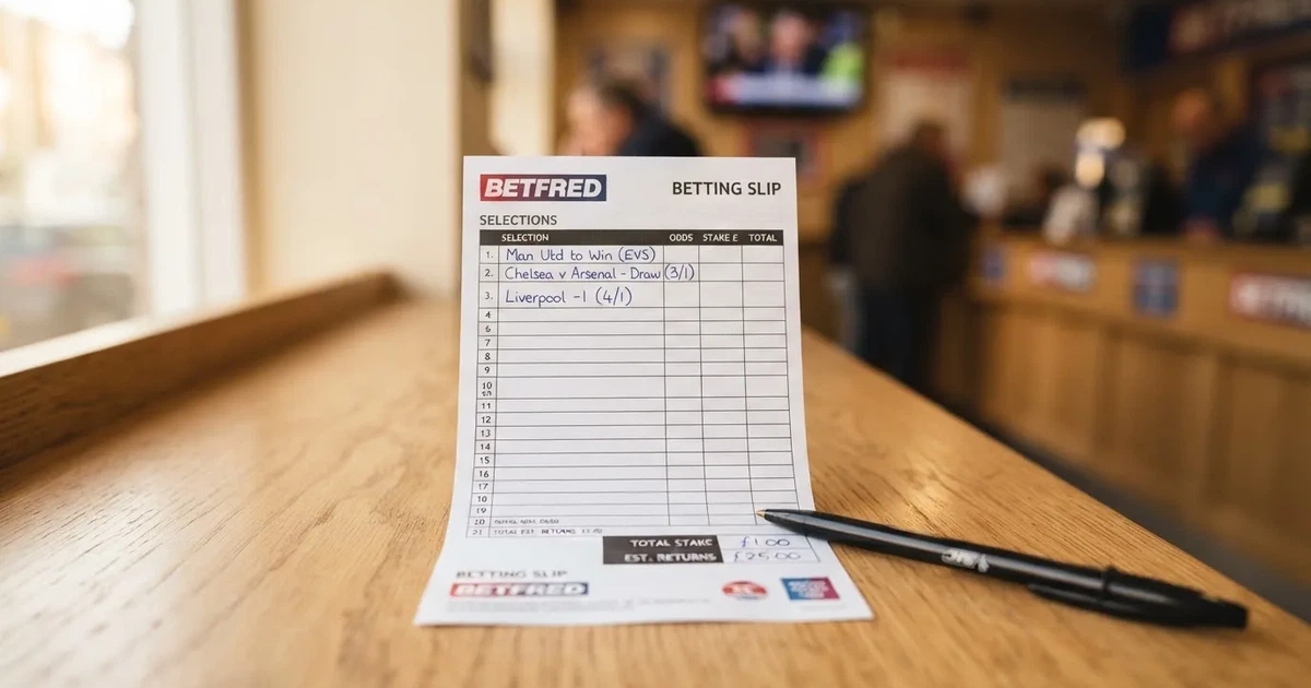 A blank paper betting slip beside a pen on a wooden counter