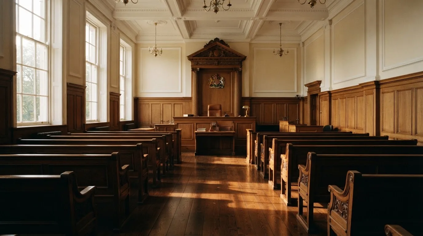 An empty courtroom with wooden benches in morning light